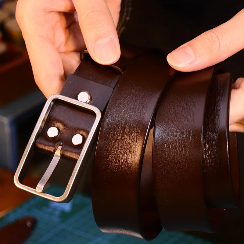 Vintage handmade cowhide men's belt metal pin buckle soft leather belt for men designer male belt 3.5cm wide