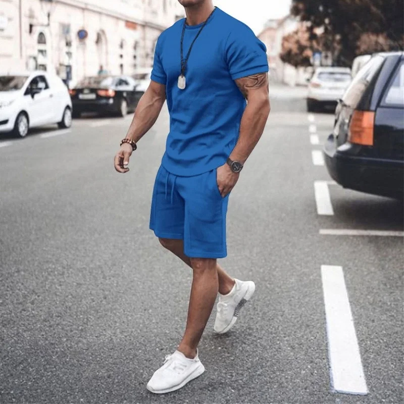 

Men Summer Tracksuit Short Sleeve T-shirt Loose Pants Suit Solid Color Two Piece Set Lounge Clothing