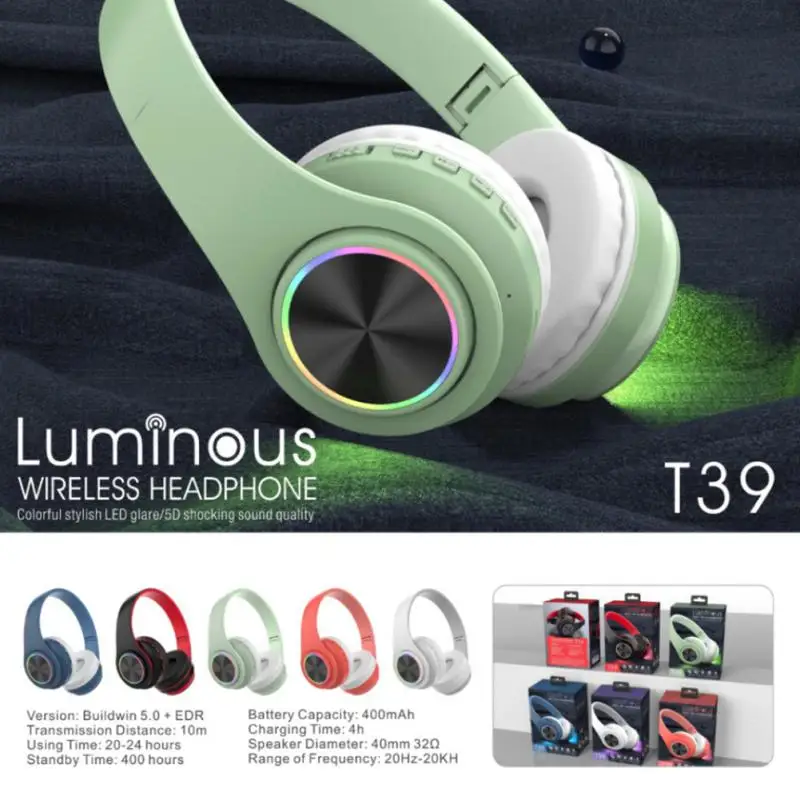 

B39 Head-mounted Wireless Bluetooth 5.0 Headset HiFi Bass Stereo Noise Cancelling Ear-hook Headphones Seven-color LED Light
