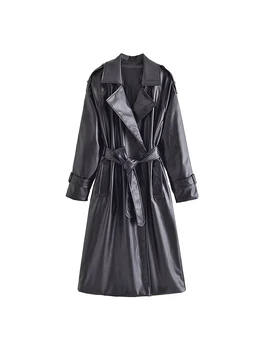 Women's Fall 2022 New Casual Fashion Chic Belted Faux Leather Trench Coat Vintage Lapel Long Sleeve Slim Fit Solid Color Jacket 1