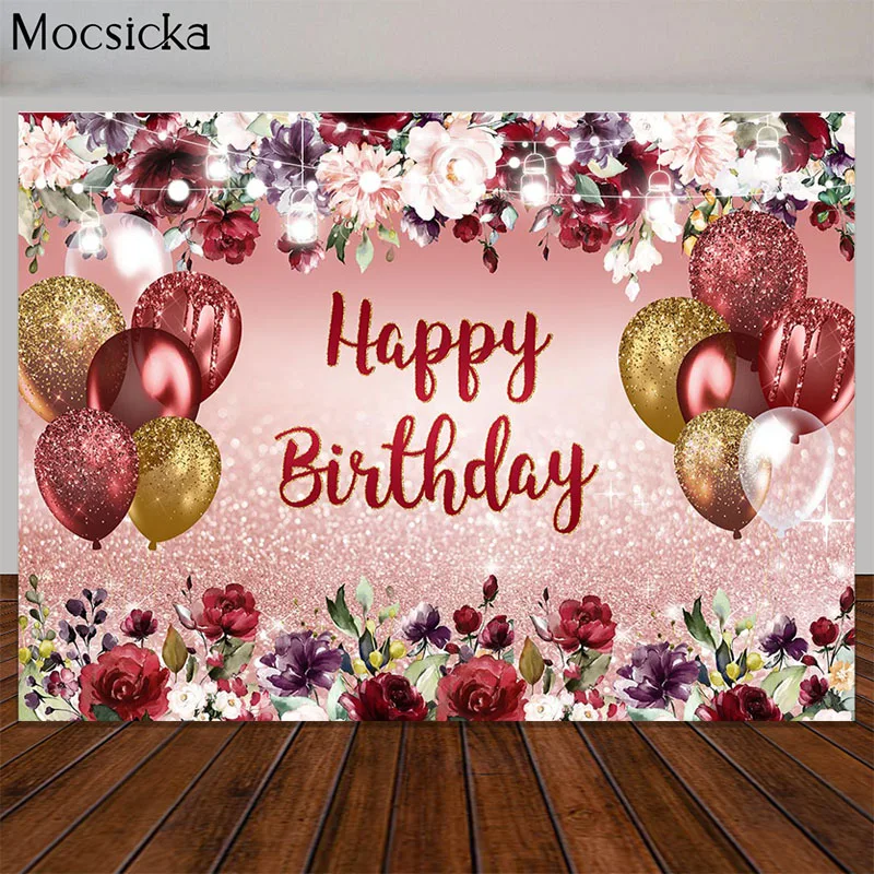 

Photography Backdrops Happy Birthday Photo Background Red Floral Balloon Decorate Photo Wallpaper Birthday Photography Props