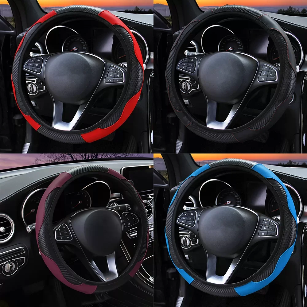 

Steering Wheel Cover Breathable Anti Slip PU Leather Steering Car Covers Suitable 37-38cm Auto Decoration Carbon Fiber