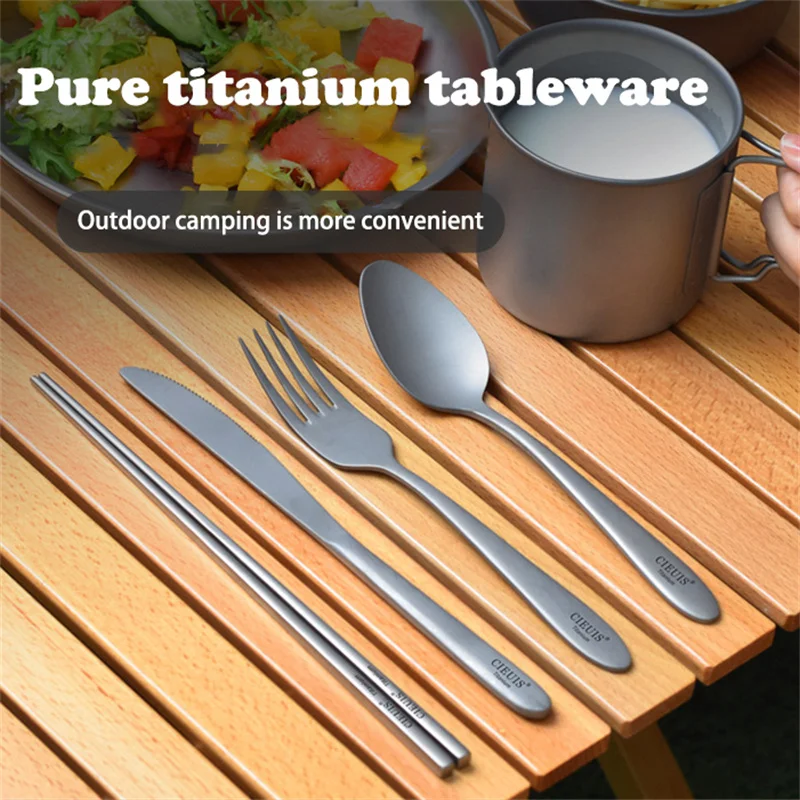 Pure Titanium Tableware Set Matte Knife Fork Spoon Chopsticks Outdoor Ultra-Light Portable Cutlery Set Travel Camping Tableware