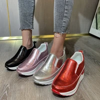 silver platform shoes women 2022 new bling slip on loafers black casual shoes wedges heightening walking platform sneakers women