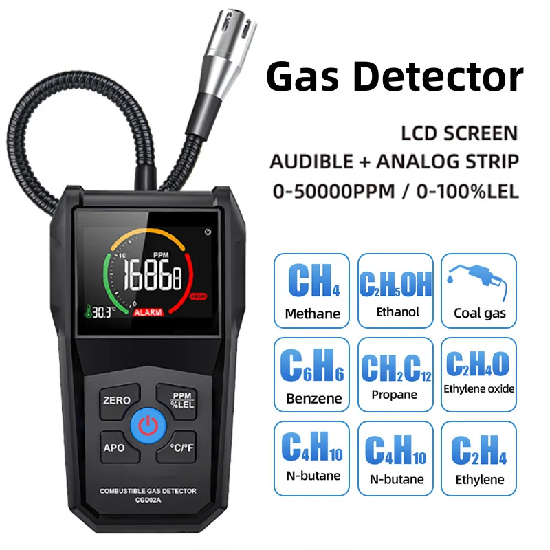 

Gas Leak Detector Analyzer Methane Flammable LEL PPM Combustible Natural Tester LCD Screen Sound Double Alarm Gas Leak Tester