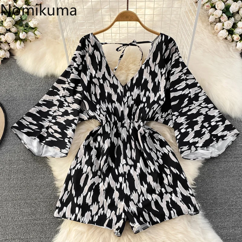 

Nomikuma Jumpsuit Women 2022 Flare Sleeve High Waist Drawstring Leopard Print Loose Vetement Femme Vintage Fashion Monos Mujer