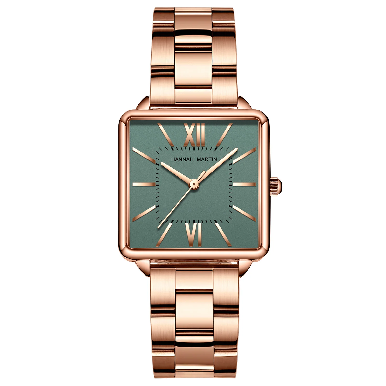 Японские кварцевые часы с зеленым циферблатом, квадратные часы в римском стиле, модные наручные часы из нержавеющей стали, женские часы из розового золота для женщин