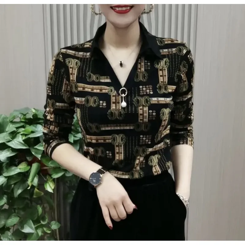 

Autumn Winter Mesh Printing Loose Casual Shirt Women Polo-neck Long Sleeve All-match Blouse Femme Oversized Pullover Blusa Top
