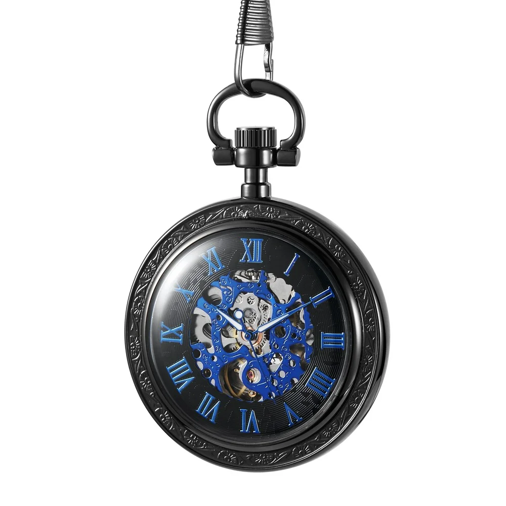 BENNEVIS Pocket Watches Fashion Hollow Carved Roman Numerals Mechanical Pockets Watch With FOB Chain Unisex Gift