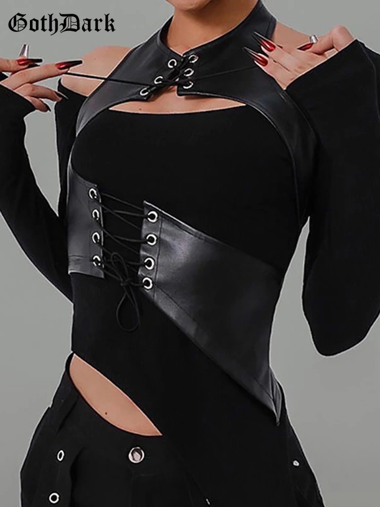 

Goth Dark Grunge Faux Pu Bandage Irregular Tank Tops Women Mall Gothic Punk Backless Halter Crop Top Black Alt Sexy Accessories