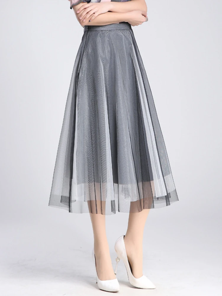 

Elastic High Waist Gray Mesh Long Skirt Women 2022 Summer Elegant Loose Casual Korean Office Lady Big Swing A-line Skirts 5603