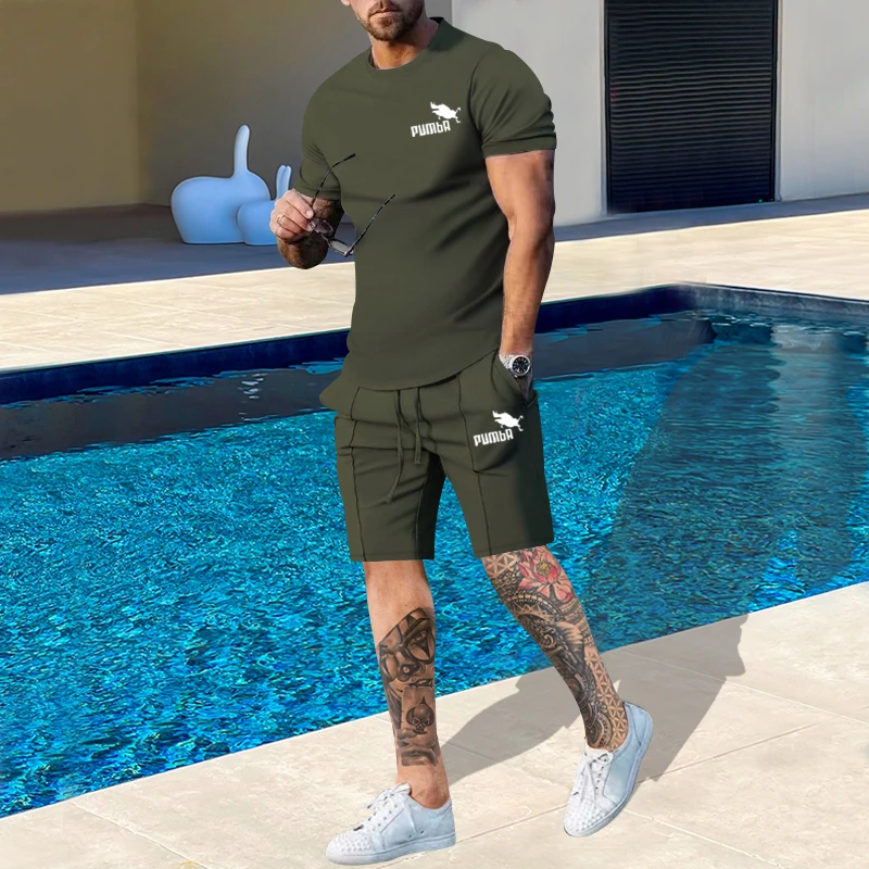

New Men's Summer Trend Round Neck Long Sleeve T-shirt Trousers Casual Suit Men's Loose Fashion Sports Brand Two-piece Set