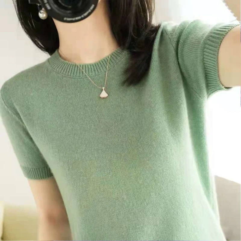 

Slim Pullover Base Knitted T-shirt Women Casual Summer Women Blouse Short Sleeve Solid Color O-neck Female Blouses Tops 18837