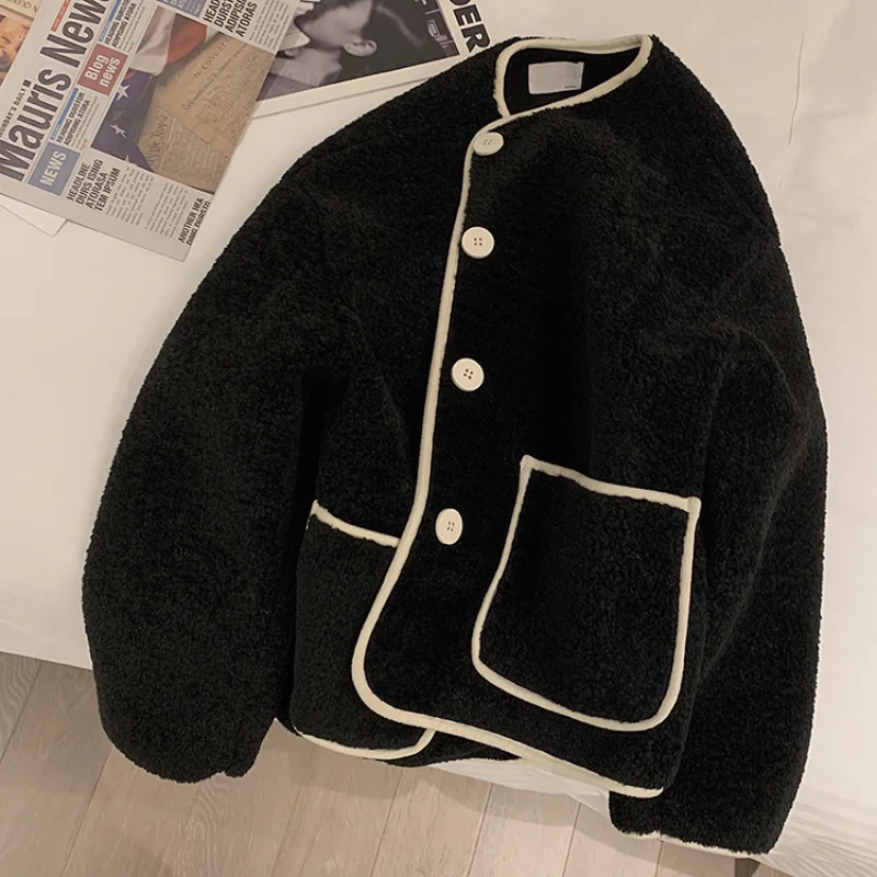 

Winter Hairy Wool Jacket Women Warm Elegant Single Breasted O Neck Loose Casual Coats Black Fashion Korean Chic Faux Fur