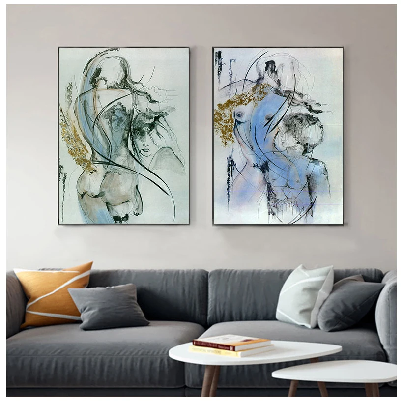 

Abstract Men and Women Nude Canvas Painting and Nordic Minimalist Landscape Lines Poster Wall Art Living Room Home Decor