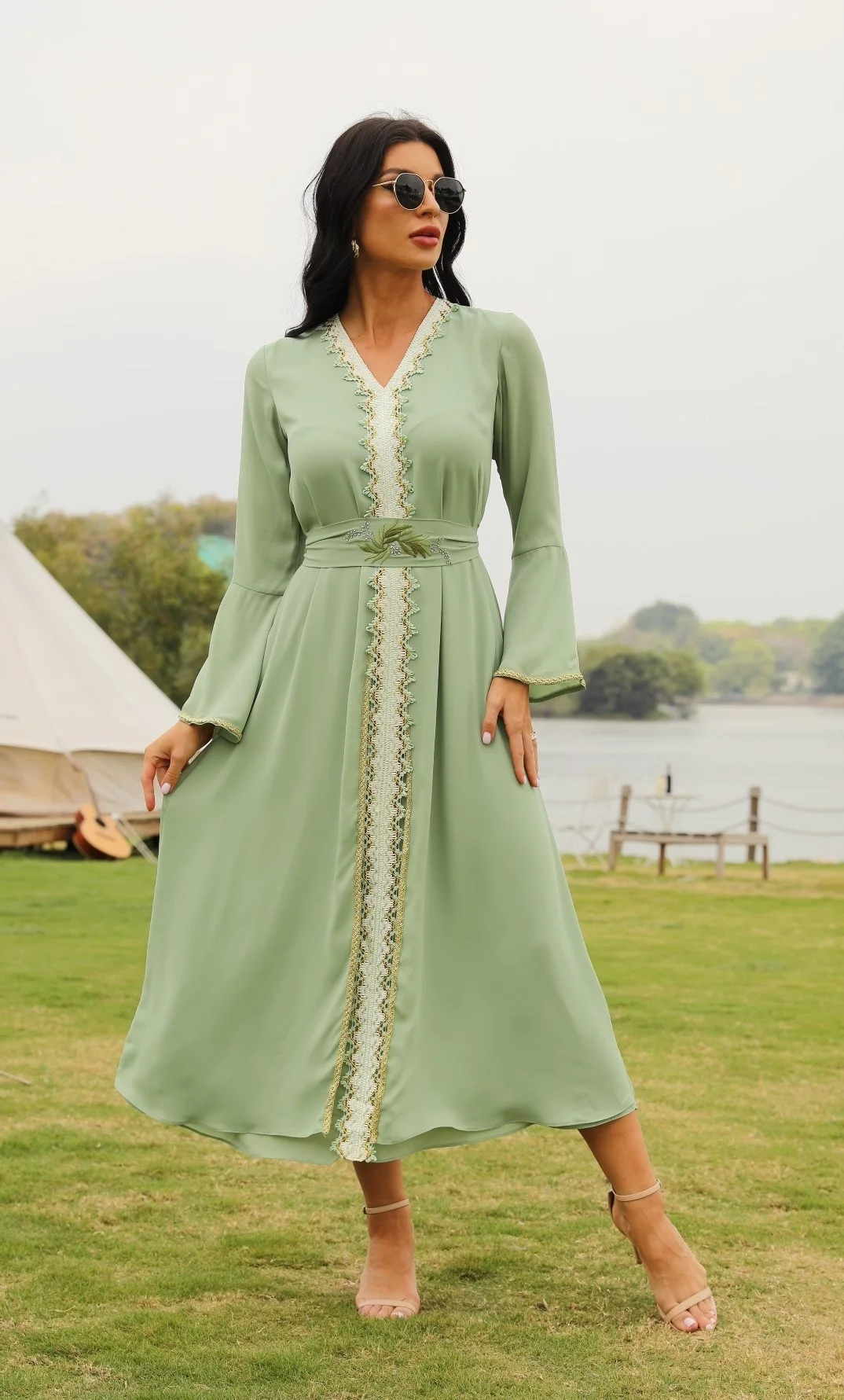 Muslim Arab Women Chiffon Solid Long Sleeve Dress Vestidos Abaya Dubai Turkey Islam Moroc Arabic Pakistani Long Dresses Women