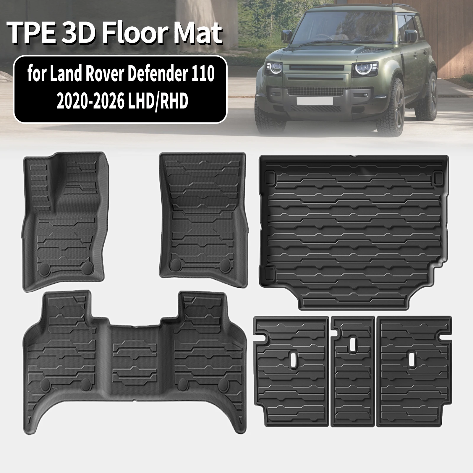 Фото Для Land Rover Defender 110 2020-2026 (только 4 двери, 5 мест) LHD RHD Экологичные коврики для пола и багажника из TPE, нескользящие, пылезащитные №1