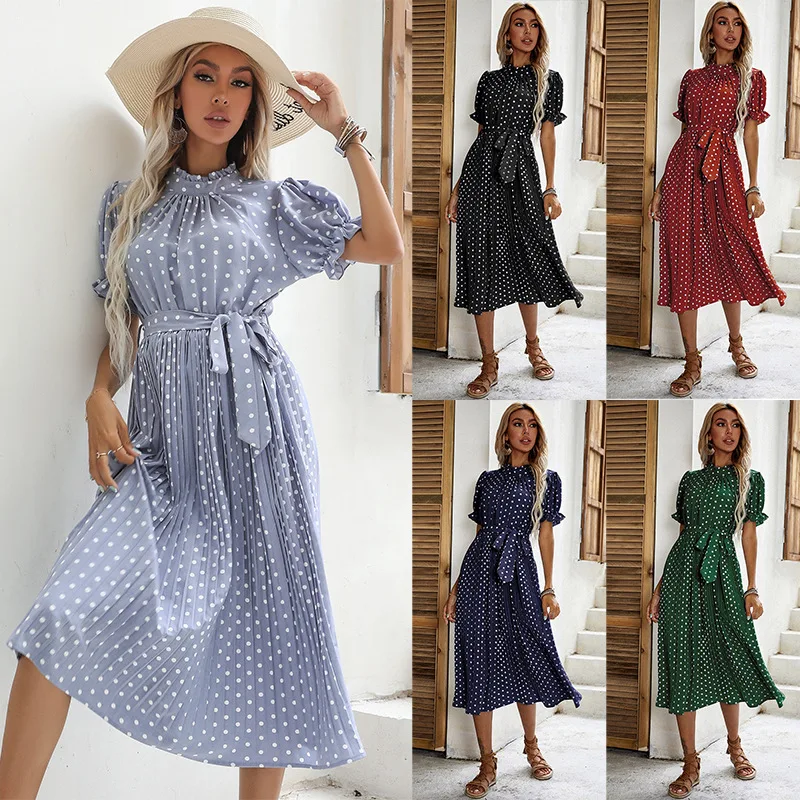 

2022 Women's Mid-Length Short-Sleeved Polka-Dot Lace-Up Pleated Dress Spring Summer Casual Holiday Stand Collar Belt Long Dress