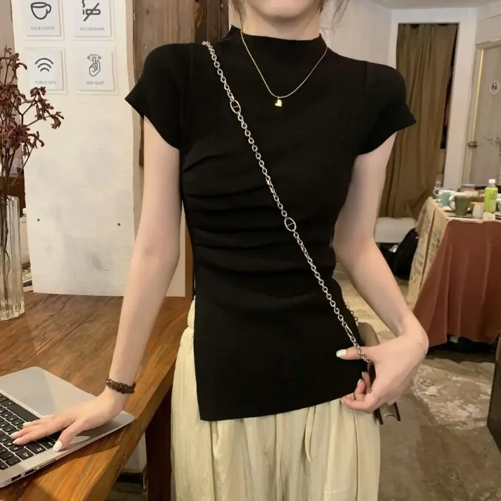 2024 белая женская летняя укороченная футболка с высоким воротником до половины