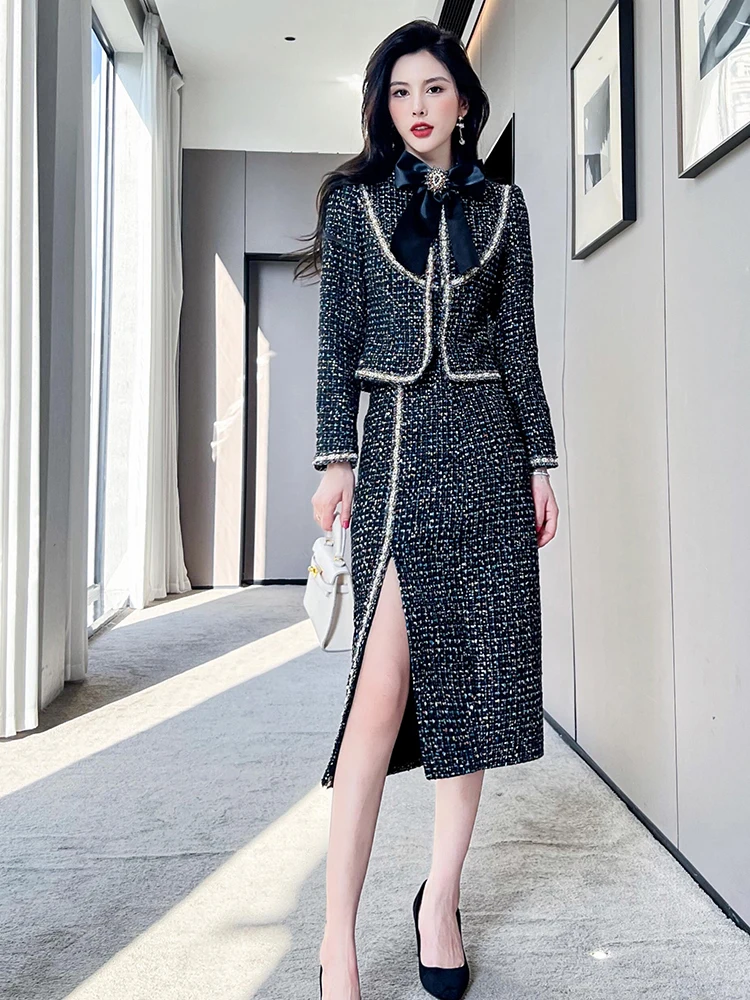 

High Quality New Women's Suit Autumn Sequins Embroidered Tweed Coat Tops Slim Pencil Skirt Fashion Chic Elegant Casual Party Set