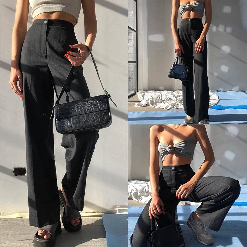 

Women's Fashion Striped Straight Suit Pants High Waist Thin Loose Casual Pants Black