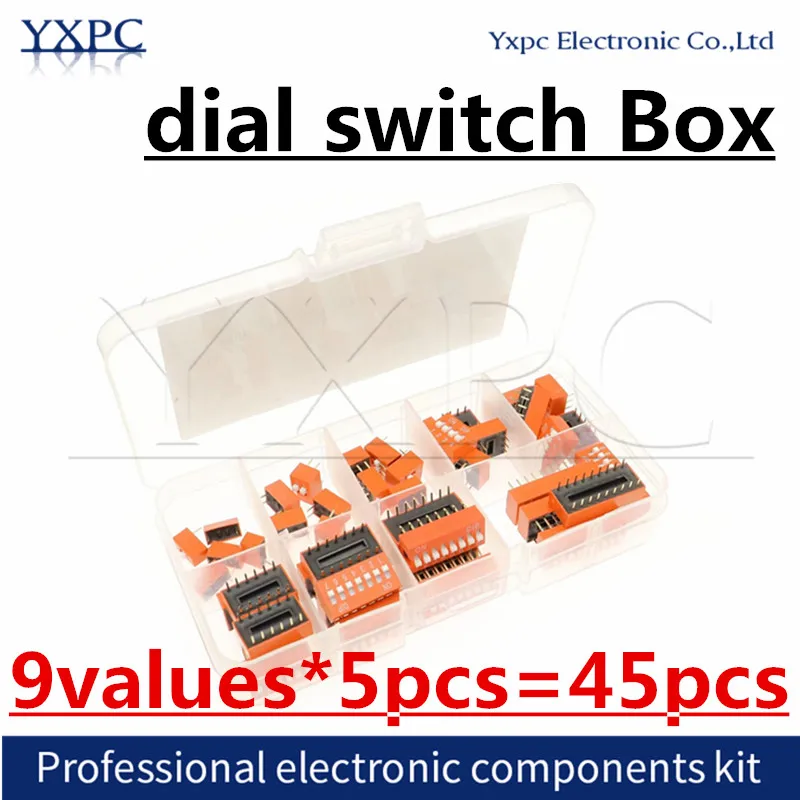 9values*5pcs=45pcs DS-01 2 3 4 5 6 7 8 9 PIN 2.54mm Position Way DIP Red Pitch Toggle Switch Red Snap Switch Dial Switch