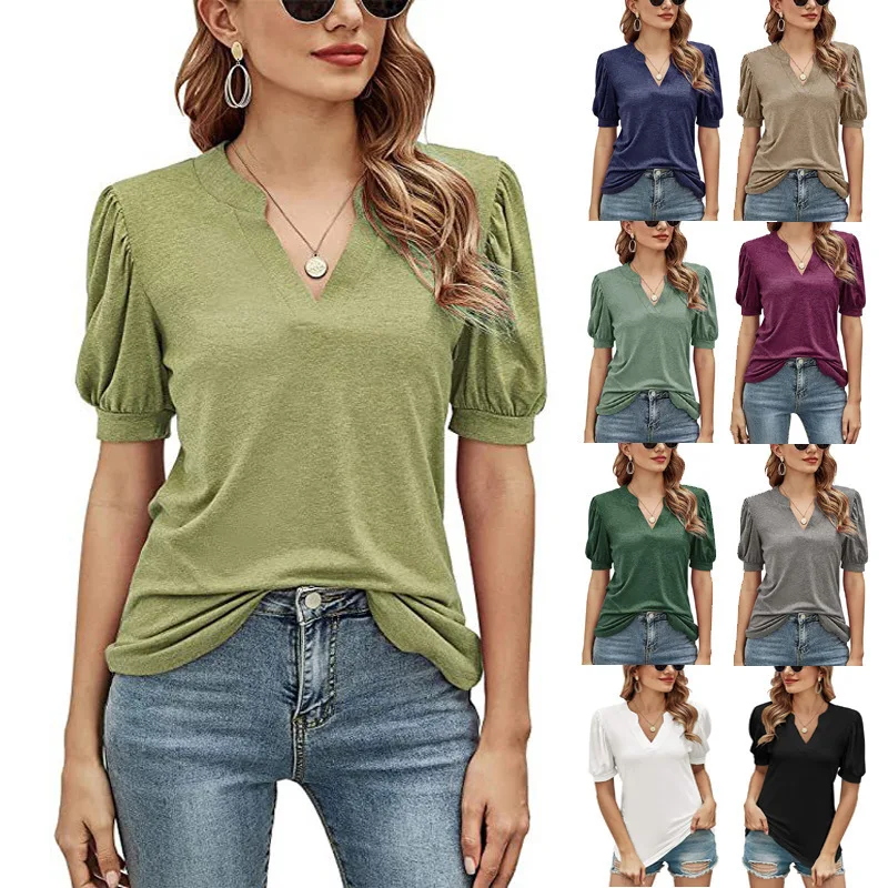 

Europe and America Cross Border Women's Top 2022 Amazon Summer New Casual V-neck Solid Color Puff Sleeve Loose T-shirt for Women
