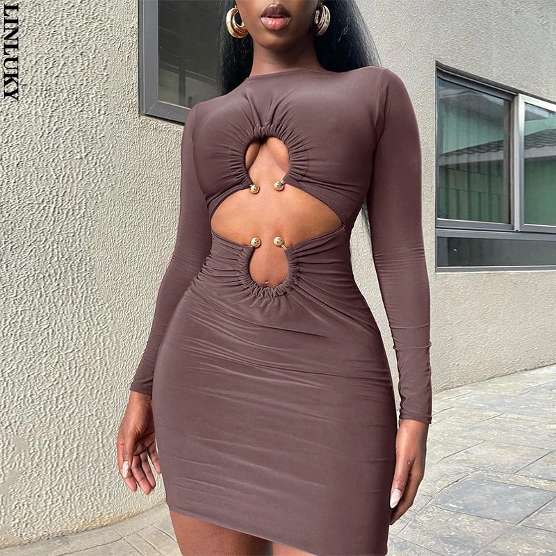 

2022 Summer New Fashion Sexy Hollow Dress For Women Round Neck Long Sleeve Hip Club Party Mini Dress Woman Clothing