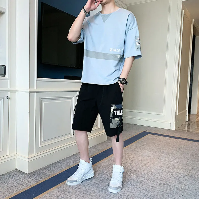 2-Piece Suit Men's Summer Sports Casual Set Male Fashion Loose Tracksuit Cotton Short-Sleeve Tees & Shorts Trendy Clothing Men