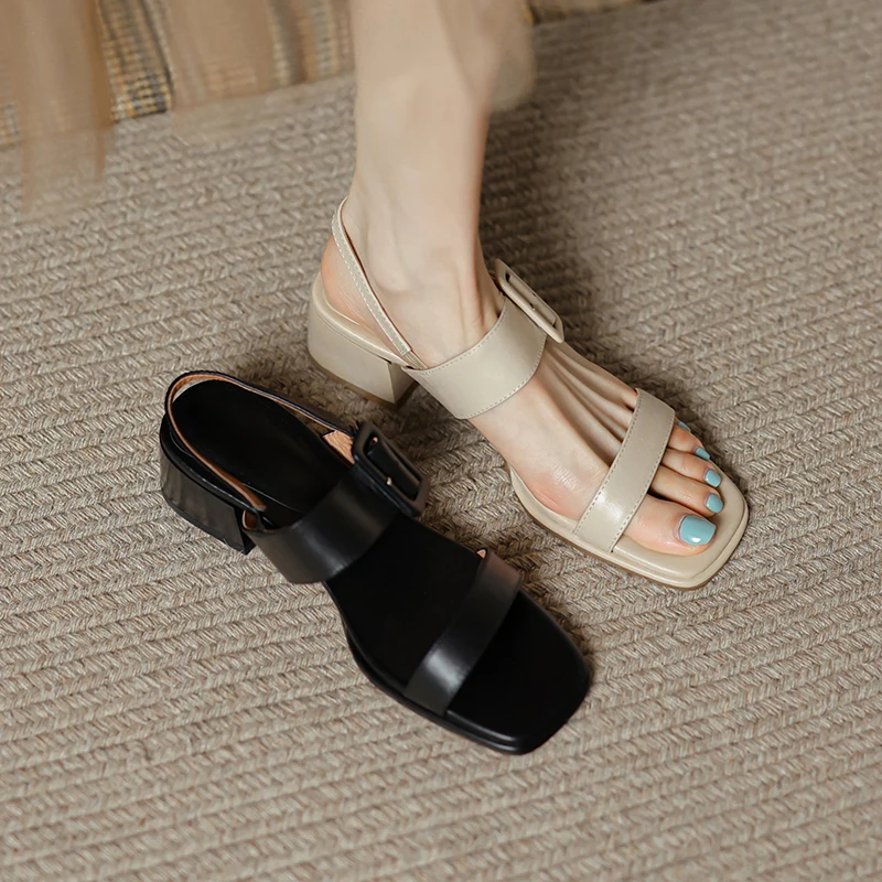 

2023 Summer Women Shoes Open Toe Shoes Women Sandals Square Heel Genuine Leather Chunky Heel Med Heel Sandals Heels Cow Leather
