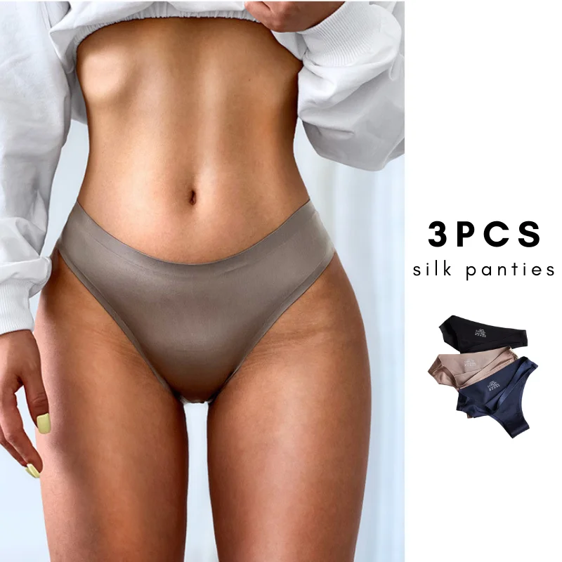 

3 шт., сексуальные женские шелковые трусики, комплект нижнего белья, бесшовные стринги с Т-образной спиной, удобные женские трусики, нижнее белье, размеры 3XL