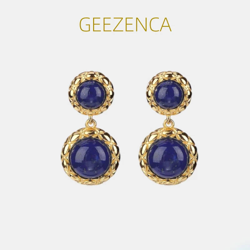 

GEEZENCA 925 пробы серебряные позолоченные круглые висячие серьги с лазуритом для женщин модные геометрические искусственные