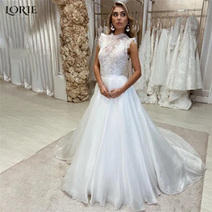LORIE Elegant Lace Princess Wedding Dresses High Neck A-Line Ruched Sleeveless Bridal Gowns Ball Pageant Appliques Bride Dress