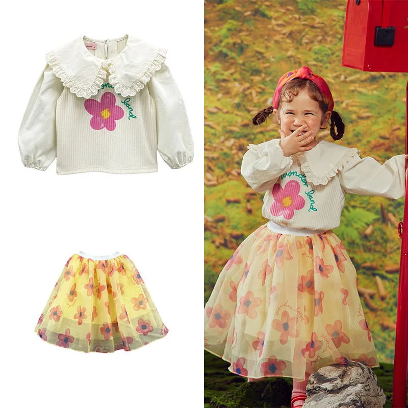 

Children's Short Skirt Suit 2022 BON Spring New Lace Collar Small Flower Blouse Top Skirt Suit