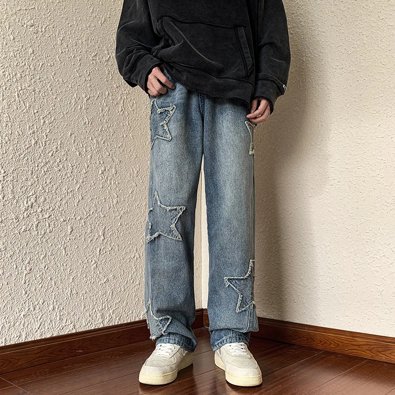 Hip Hop Jeans Men Fashion Embroidery Denim Trousers Baggy Straight Pants Vintage Casual Bottoms Trend Streetwear Male Clothing