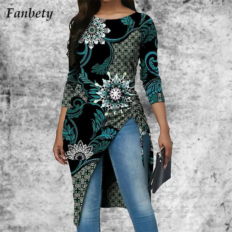 

Блузка женская с длинным рукавом, Модный повседневный топ с принтом, винтажная Облегающая рубашка с асимметричным подолом, уличная одежда н...