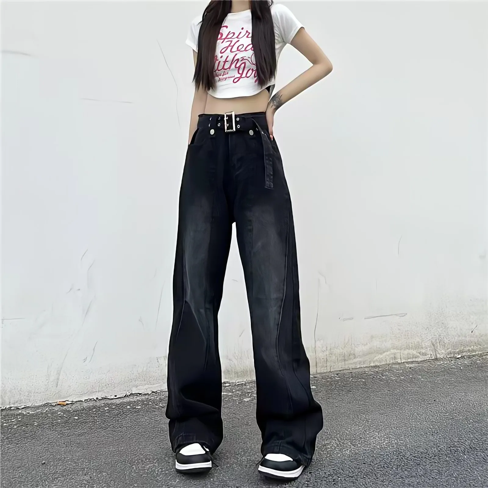 

Черные женские джинсы с высокой талией в стиле панк, мешковатые брюки, прямые широкие брюки, уличная одежда Y2k, модные трендовые брюки в Коре...