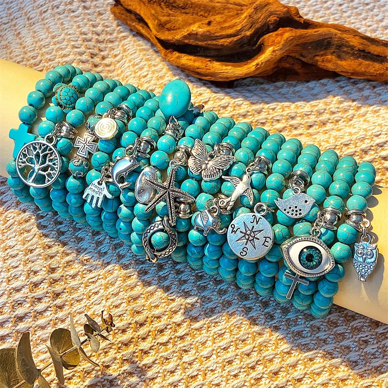 

Bohemian Turquoise Cross Beaded Bracelet for Women Vintage Life Tree Turtle Butterfly Charm Bracelet Ethnic Style Jewelry