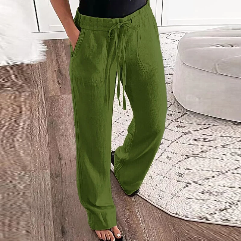 

Women Simple Solid Long Pant Breathable 2023 Drawstring Cotton Linen Trousers Summer Fashion Slim Pockets Straight Office Pants