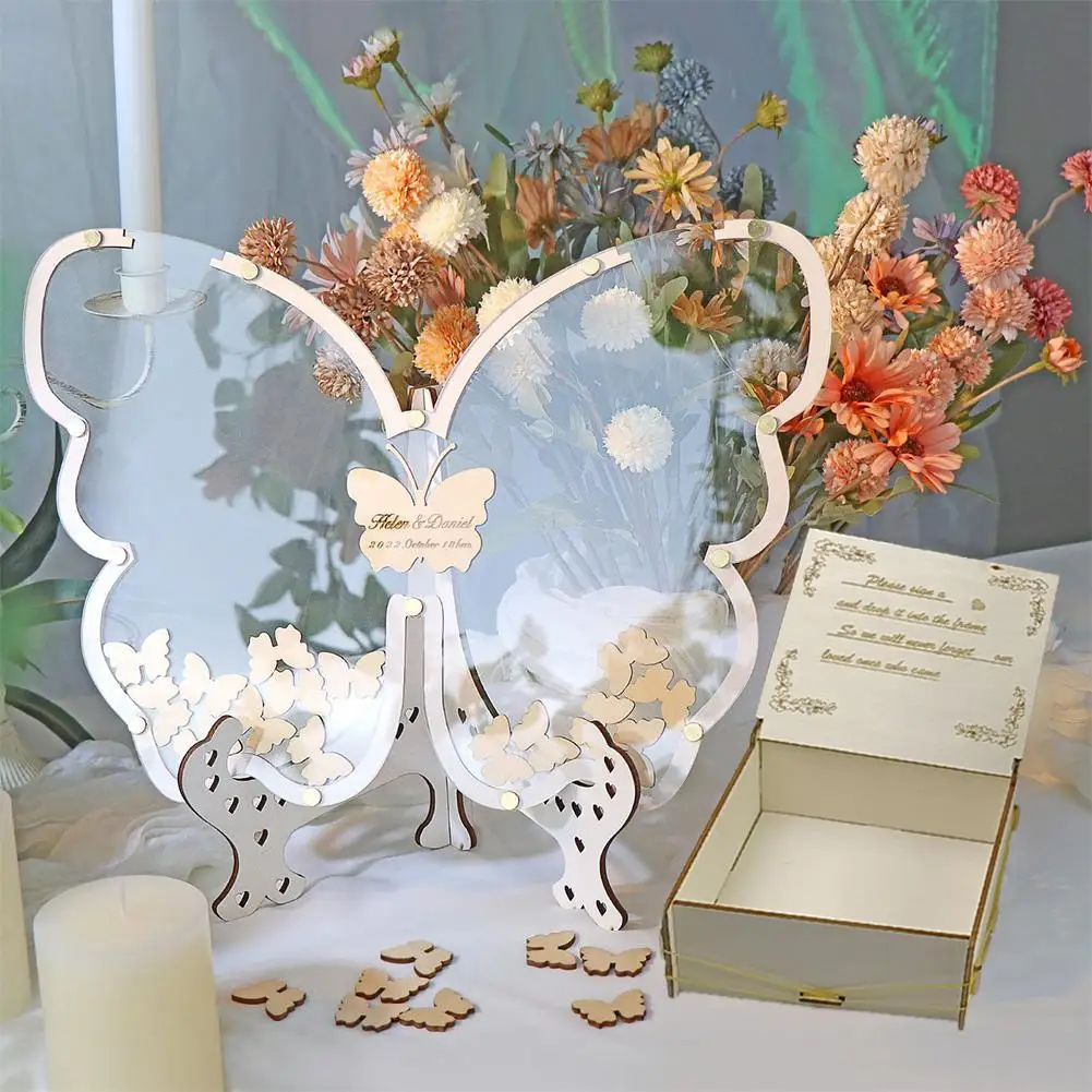 

60pcs/80pcs Butterfly Shape Customizable Wedding Guest Book Wooden Wedding Decoration Guestbook Wooden Signature Guestbook Box