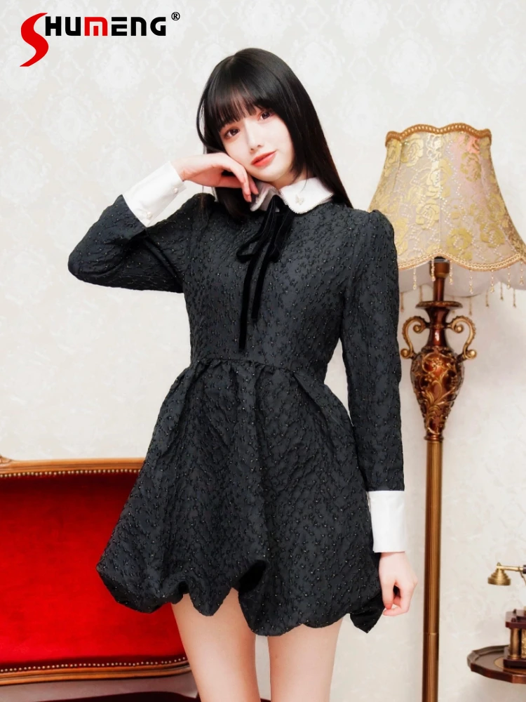 

Женское платье в японском стиле ретро с пышными рукавами, Черное Осеннее Новое элегантное платье с длинным рукавом без воротника, 2023