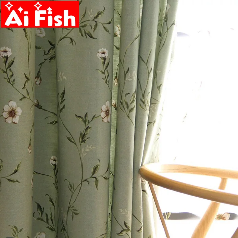 

American Country Green Plant Flowers Cotton Linen Window Curtains For Living Room Rustic Printed Bedroom Window Blackout Drapes