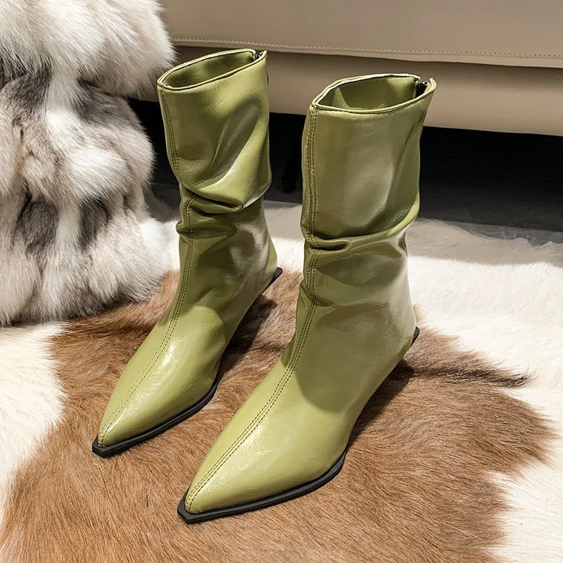

2023 Women Ankle Boots Thin Mid Heels Stretch Booties Back Zipper Pointed Toe Fold Design Elegant Winter Bota