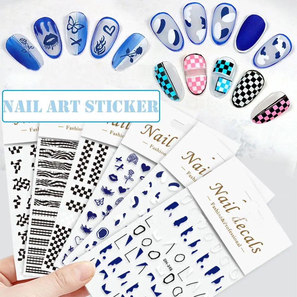 

Simple Blue Black and White Checkerboard Adhesive Nail Decal Star Love Smiley Irregular Pattern 3D Nail Sticker Decoration