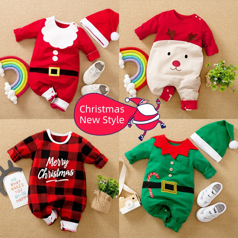

2022 NEW Baby Girls Boys Christmas Romper Newborn Red Cartoon Jumpsuit Kids Christmas Pajamas Jumper 0-3Years