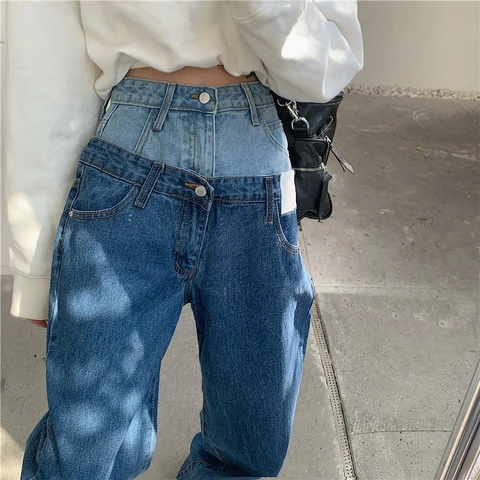 Стильные джинсы с имитацией двух частей, женские брюки в стиле пэчворк, женские мешковатые джинсы, американская мода, винтажные джинсовые брюки, уличные брюки