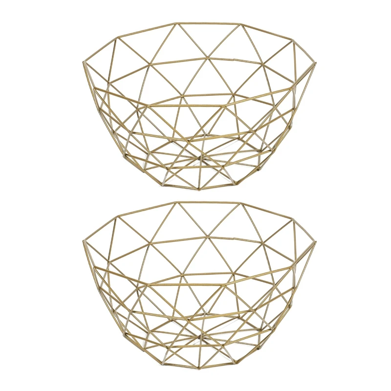 

2X New Nordic Storage Baskets Gold Metal Art Snacks Candy Fruit Basket For Living Room Desktop Kitchen Organizer Basket
