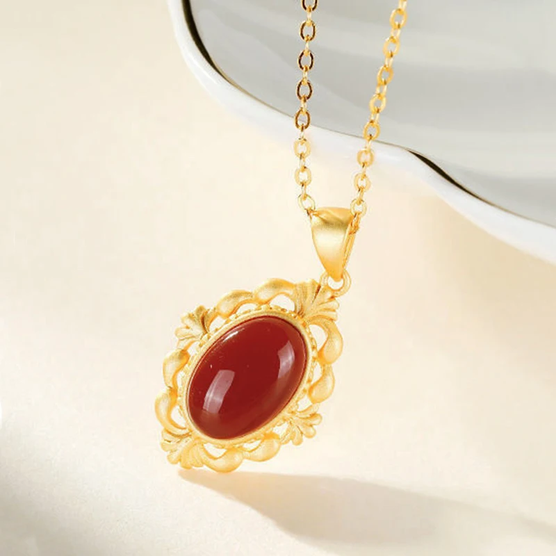 

Original Design Southern Red Tourmaline Geometric Necklace Ladies Pendant Chinese Retro Palace Style Light Luxury Jewelry