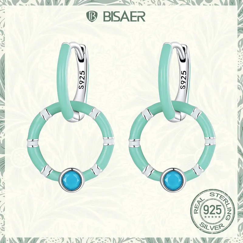 

BISAER 925 Sterling Silve Ear Buckles Simple Turquoise Double Green Ring Round Earrings for Women Fine Jewelry Anniversary Gift
