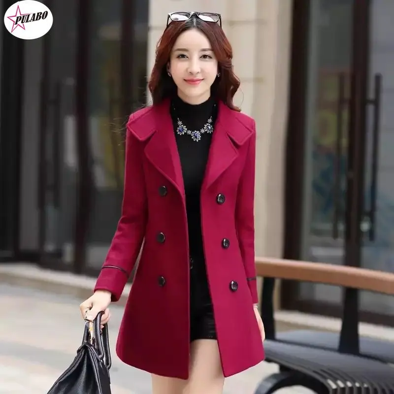 

PULABO Fashion Winter Jacket Womens Double Breasted Short Wool Coat Solid Color Korean Slim Female Woolen Jacket Loose Size 1150